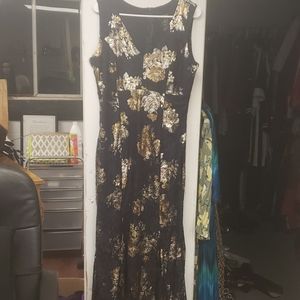 Long Dark Blue, God, Copper and Silver Green Dress